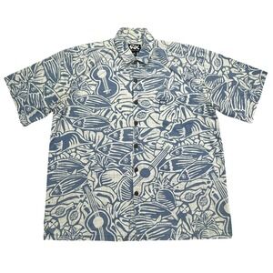 Rix Hawaiian Shirt Mens XL Blue Fish Guitar All Over Short Sleeve Button Down